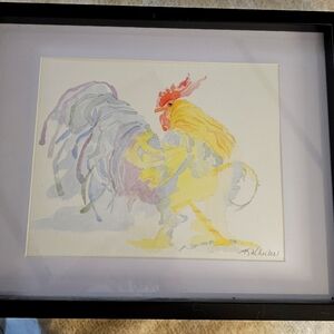 Colorful Rooster Watercolor Art in Black Frame